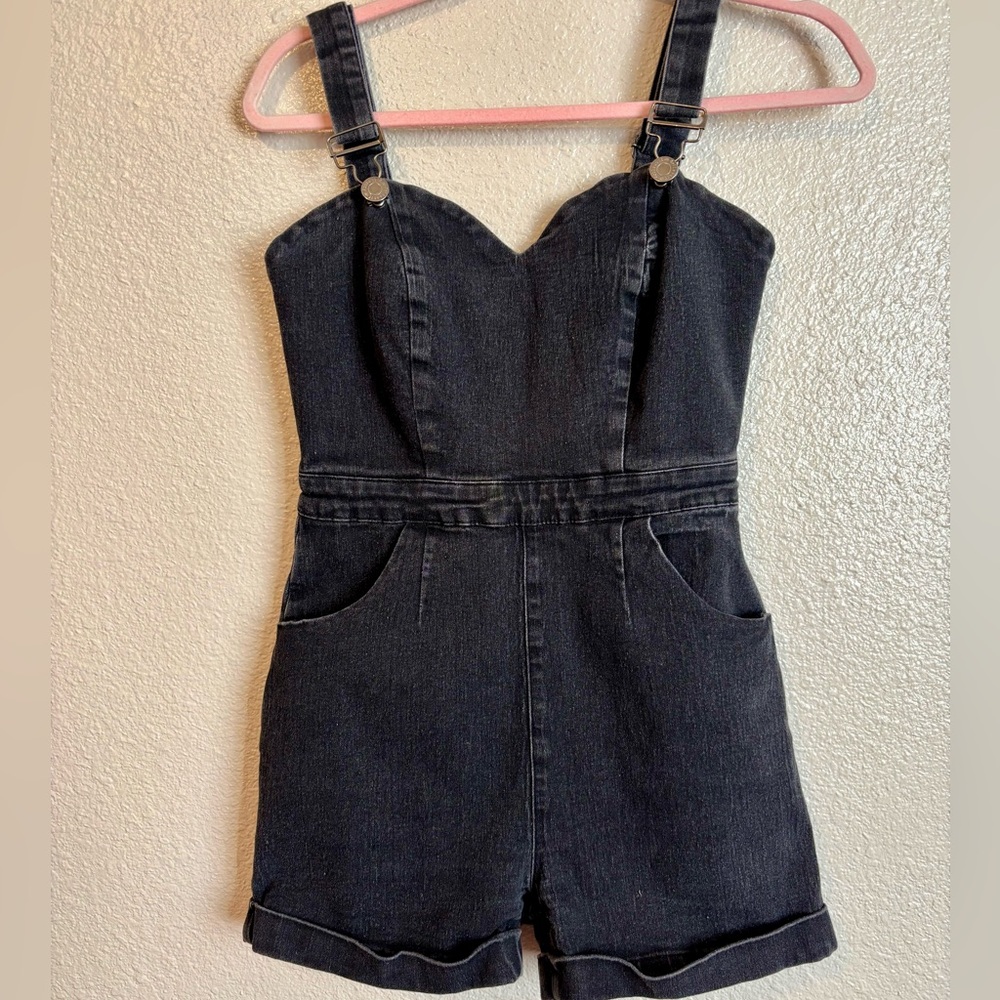 Collectif London Black Denim Overall Shorts, Sweetheart Neckline Pinup Playsuit